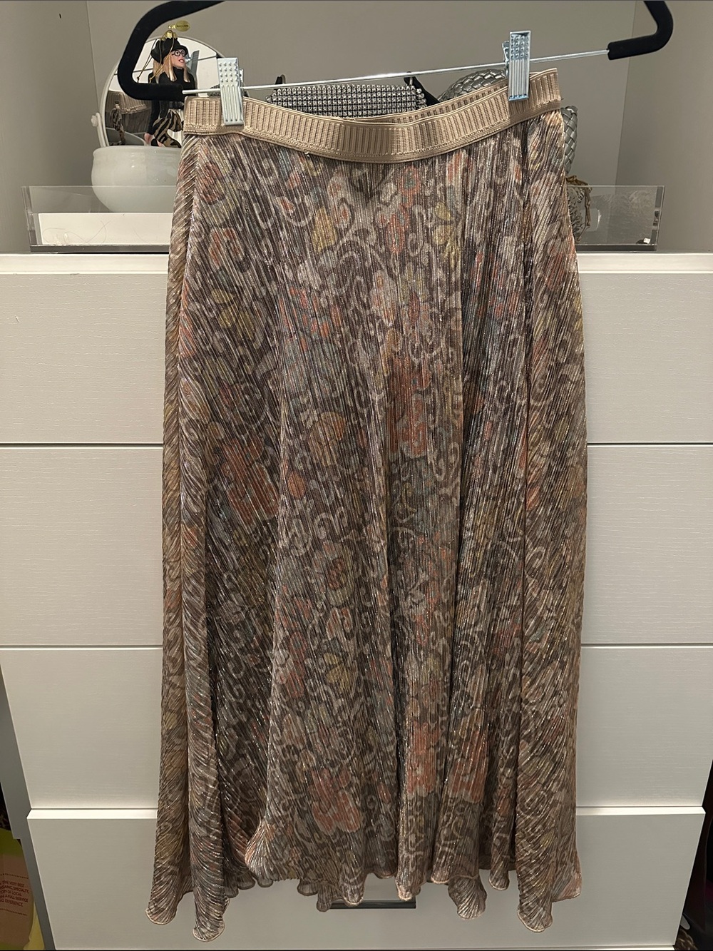 Maeve metallic  Floral Midi Skirt in Beige and Taupe